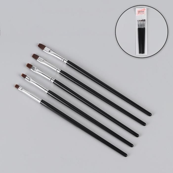 Set of brushes for nail extension and design, flat, 5 pcs, 18 cm, black