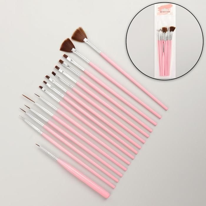 Set of brushes for nail extension and design, 15 pcs, 19 cm, pink