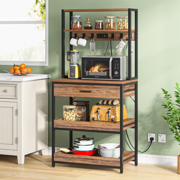 5-Tier Kitchen Baker's Rack with Power Outlets, Drawer & Sliding Shelves