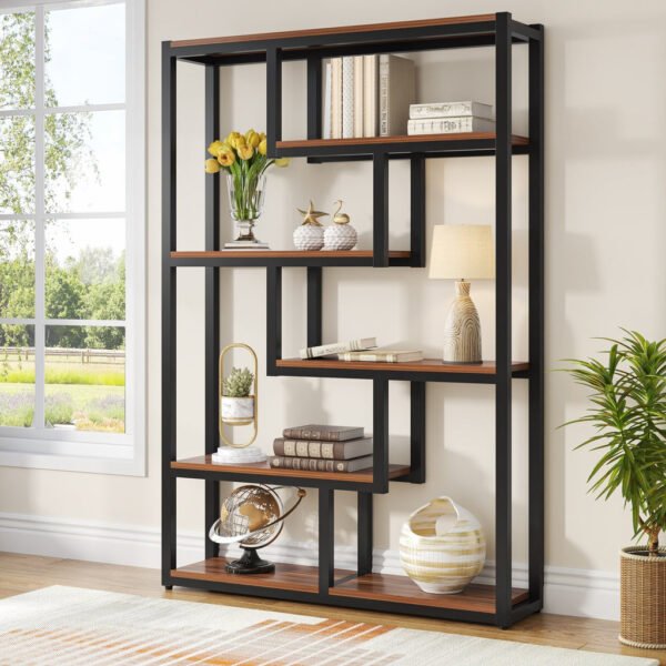 6-Tier Bookshelf, 69" Industrial Etagere Bookcase with Staggered Shelves