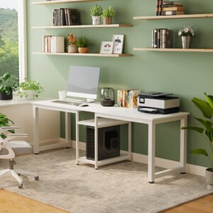 78.74" Two Person Desk, Double Computer Desk with Storage Shelves