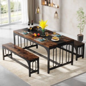 Dining Table Set, 3-Piece Kitchen Table with 2 Benches for 4-6 People