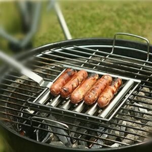 Grill BBQ Hotdog Roller Stainless Steel Sausage Roll Rack For Grill 5 Hot Dog Capacity With Wooden Handle