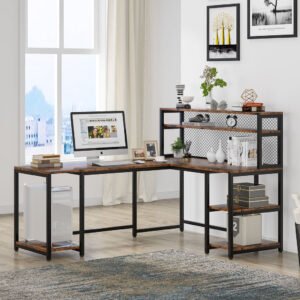 Reversible L-Shaped Desk, 67" Large Computer Writing Desk with Hutch