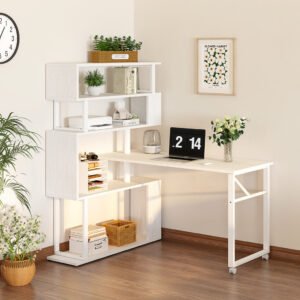 Rotating Desk with 5-Tier Bookshelf, Reversible Computer Desk with Wheels